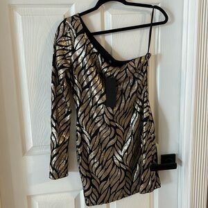 Gold Sequins Cocktail Dress. One sleeve asymmetrical.